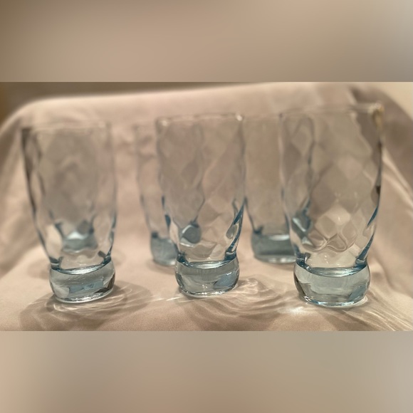 Six (6) Ice Blue Highball Diagonal Diamond Optic Weighted Barware Glasses Rare - Picture 1 of 7